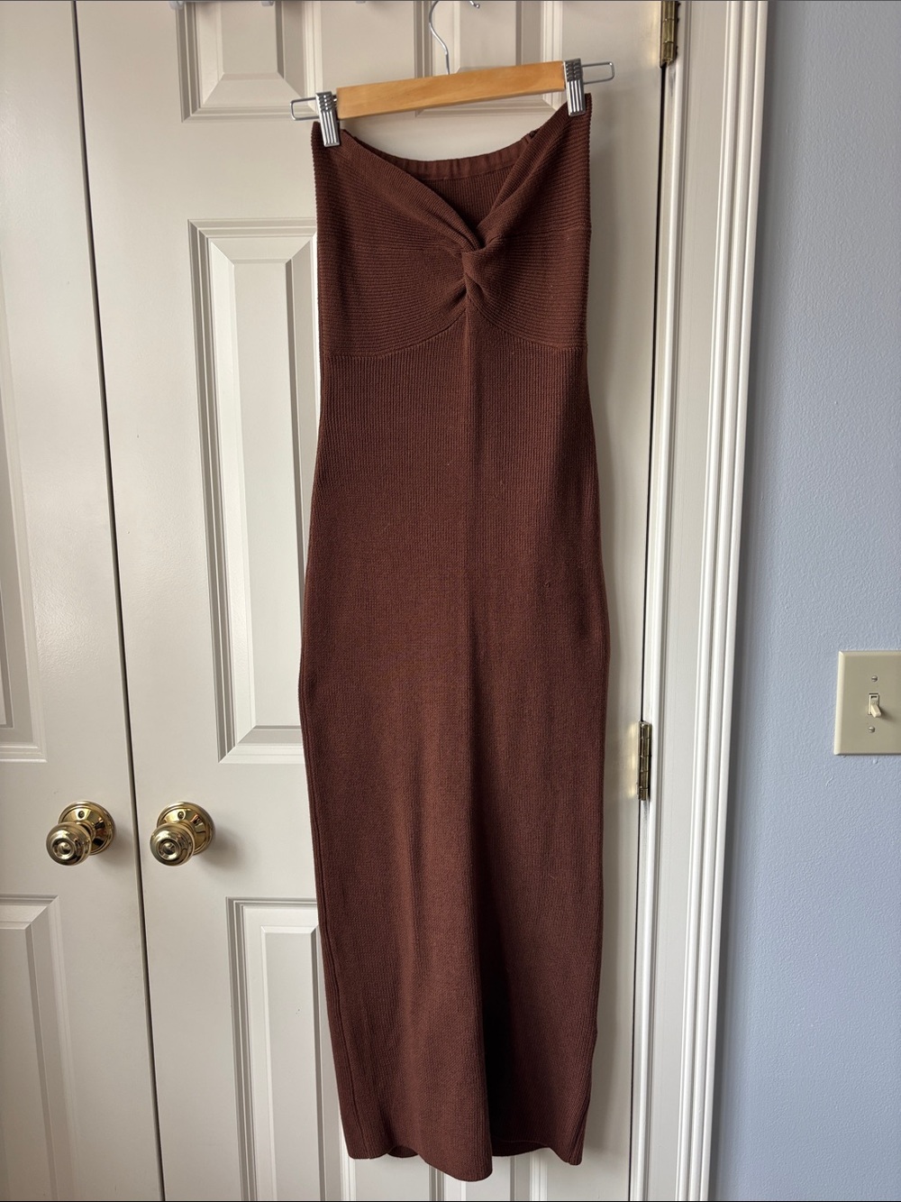 Brown Twist-Front Strapless Maxi Dress